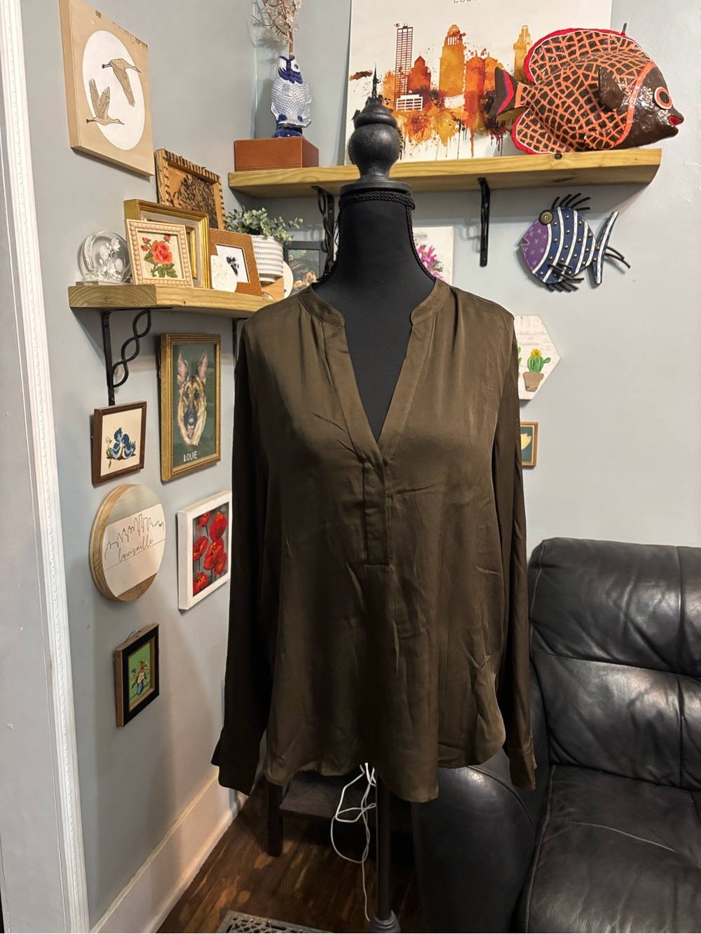 Vince silk olive green blouse top size 10 minimalist